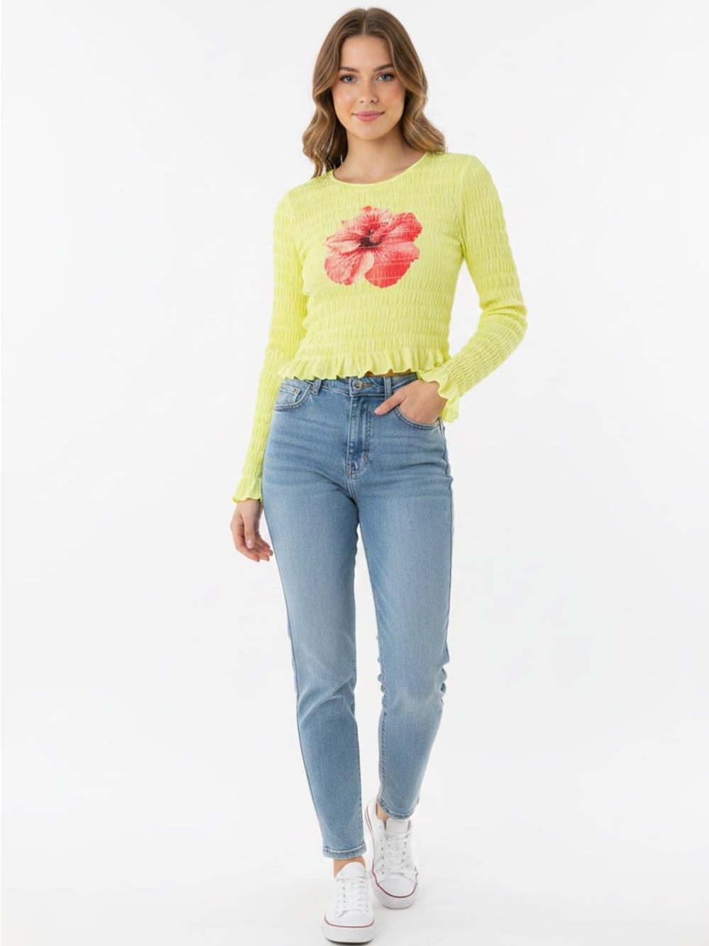 Miss Chievous Neon Yellow Long-Sleeve Smocked Top with Coral Pink Floral